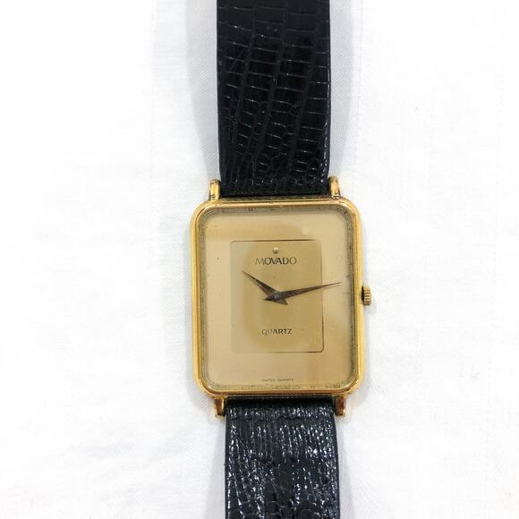 Vintage Movado Gold Square Face Black Leather Strap Watch - Picture 4 of 5